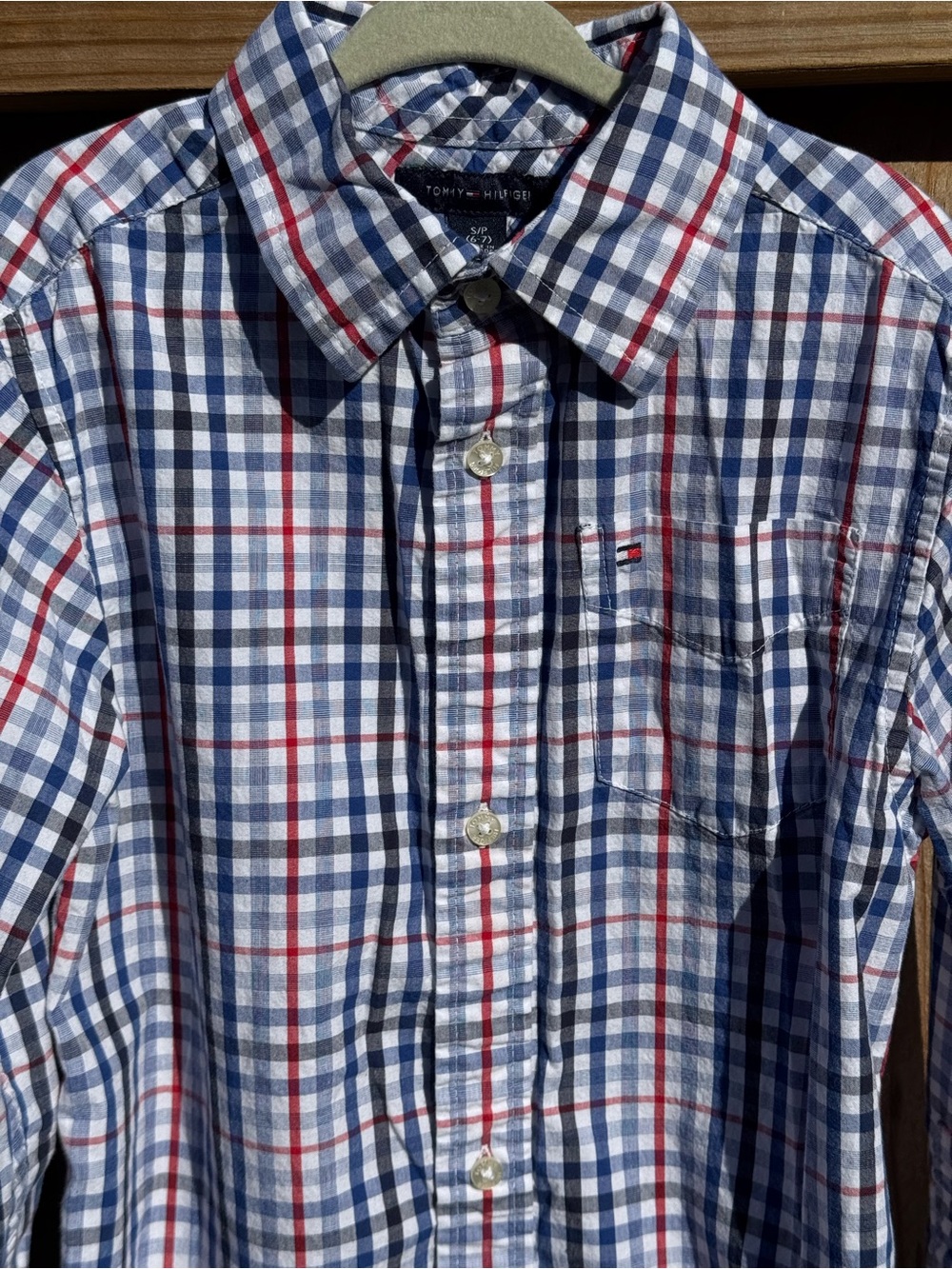 Tommy Hilfiger Boys Size 6-7 Small Plaid Checked Button Down Shirt Patriotic USA